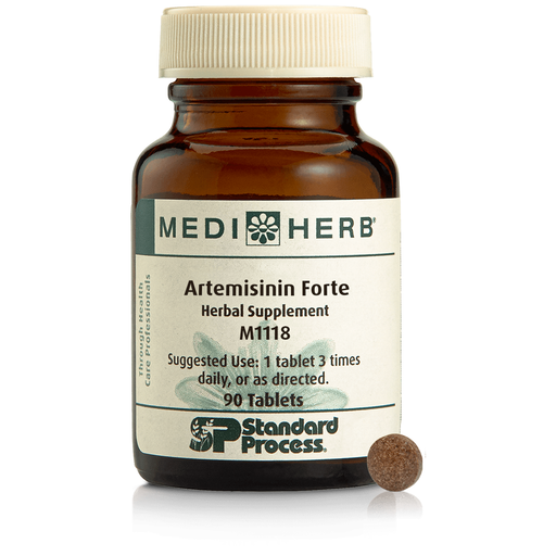 A bottle of Artemisinin Forte next to a tablet.