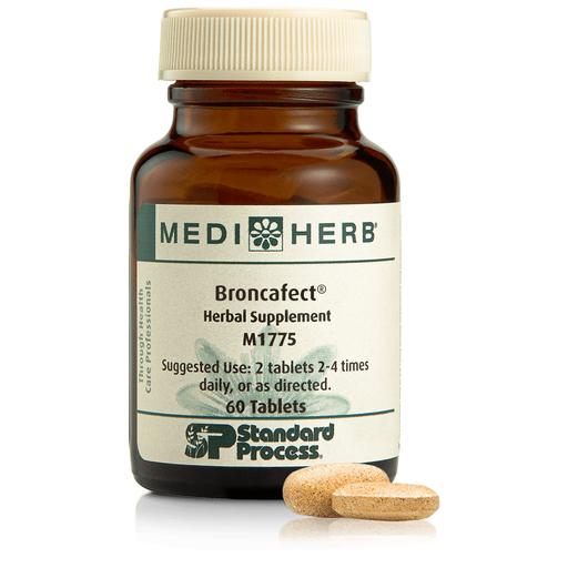 A bottle of Broncafect herbal supplement next to a tablet.