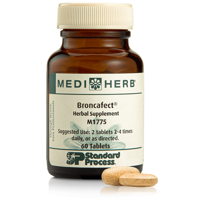 A bottle of Broncafect herbal supplement next to a tablet.