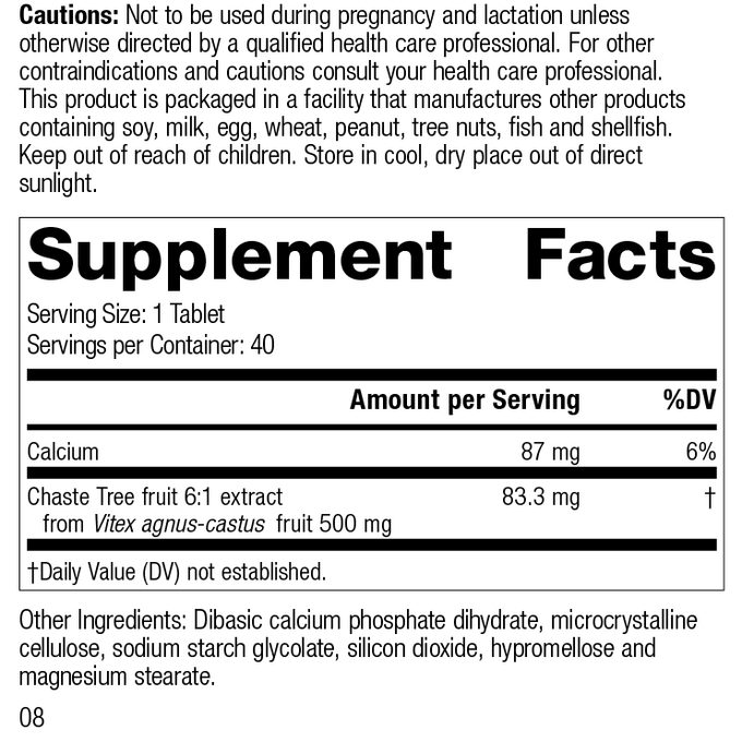 Chaste Tree, 40 Tablets, Rev 08 Supplement Facts Image