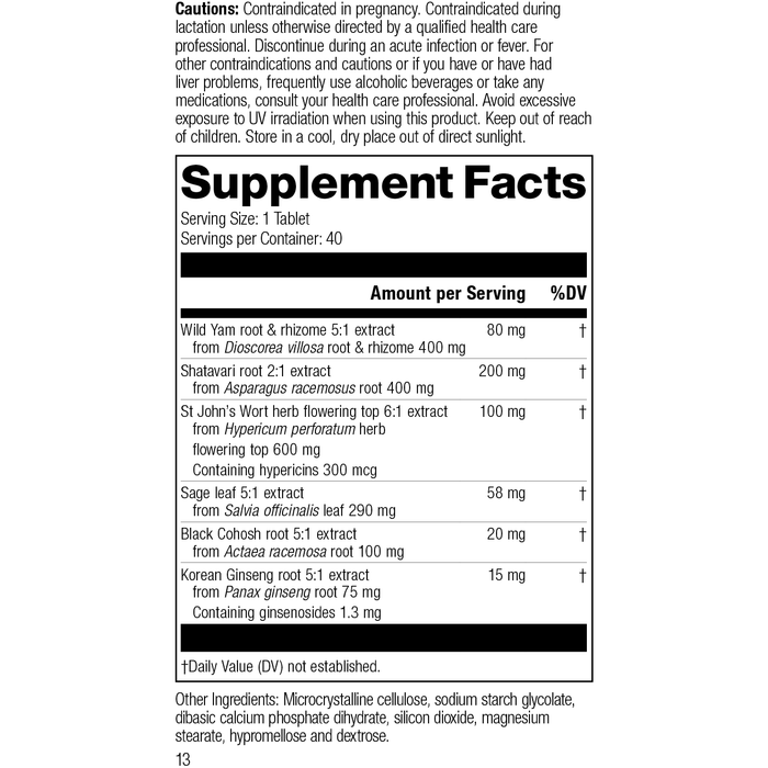 Wild Yam Complex, 40 Tablets, Rev 12 Supplement Facts