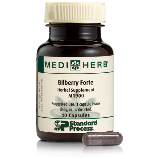 An image of herbal supplement Bilberry Forte next to a capsule.