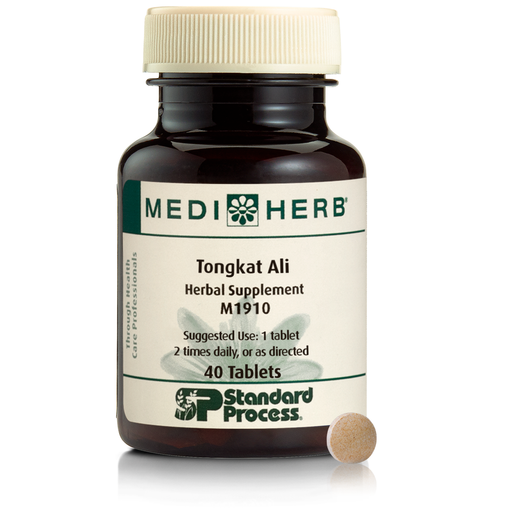 A bottle of MediHerb® Tongkat Ali, a testosterone support supplement for older men, next to a tablet of the supplement.