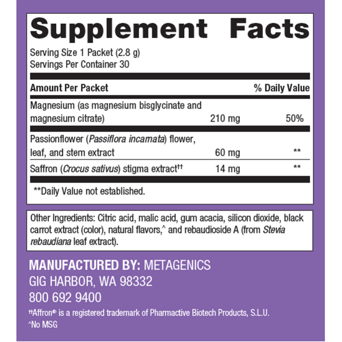 MagActive Magnesium Night Powder 30 Servings by Metagenics supplement facts label
