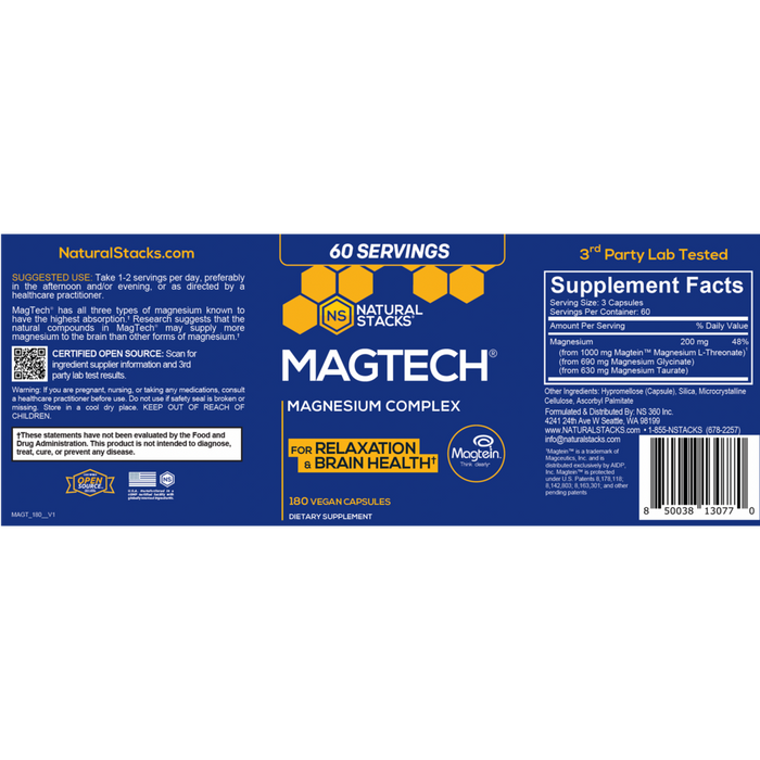 MagTech 180 Capsules by Natural Stacks supplement facts label