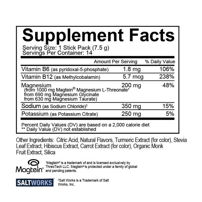 MagTech Hydrate 14 Stick Packs by Natural Stacks supplement facts label