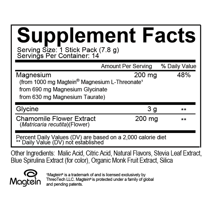 MagTech Sleep 14 Stick Packs by Natural Stacks Supplement Facts label