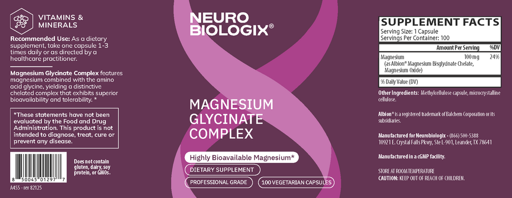 Magnesium Glycinate Complex 100mg 100 Capsules by Neurobiologix Label
