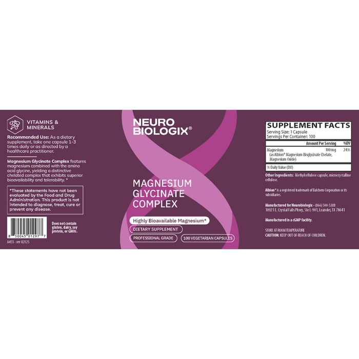 Magnesium Glycinate Complex 100mg 100 Capsules by Neurobiologix Label