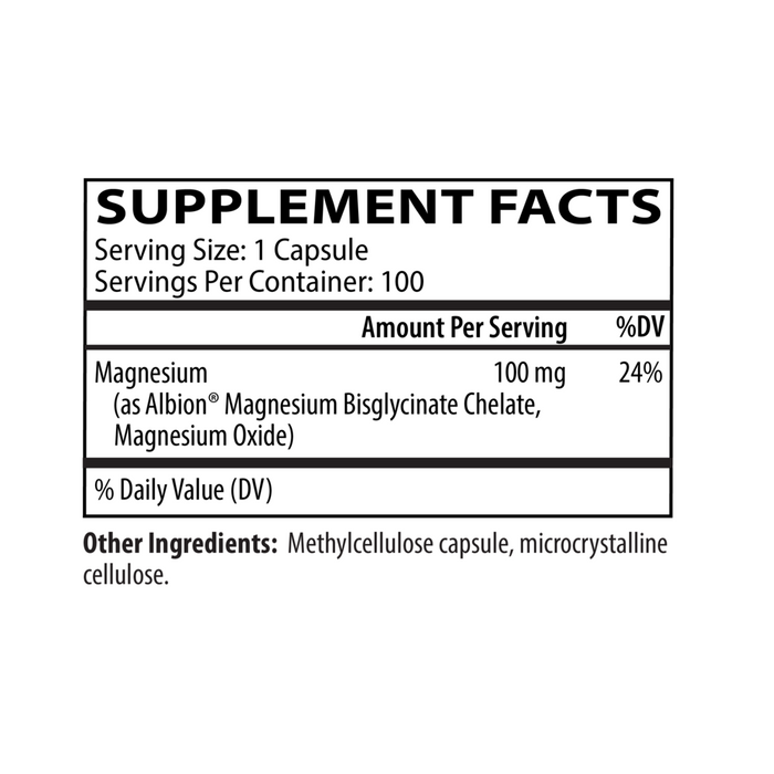 Magnesium Glycinate Complex 100mg 100 Capsules by Neurobiologix Supplement Facts Label