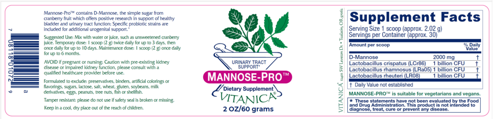 Mannose-Pro Urinary Tract Support 2 oz by Vitanica information label
