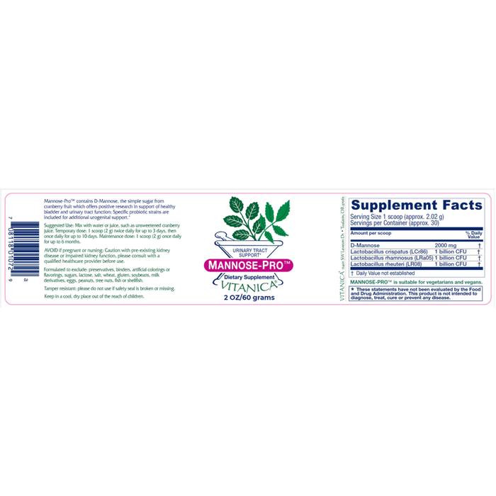 Mannose-Pro Urinary Tract Support 2 oz by Vitanica information label
