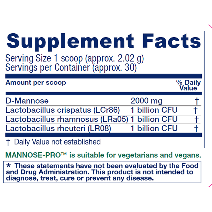 Mannose-Pro Urinary Tract Support 2 oz by Vitanica supplement facts label
