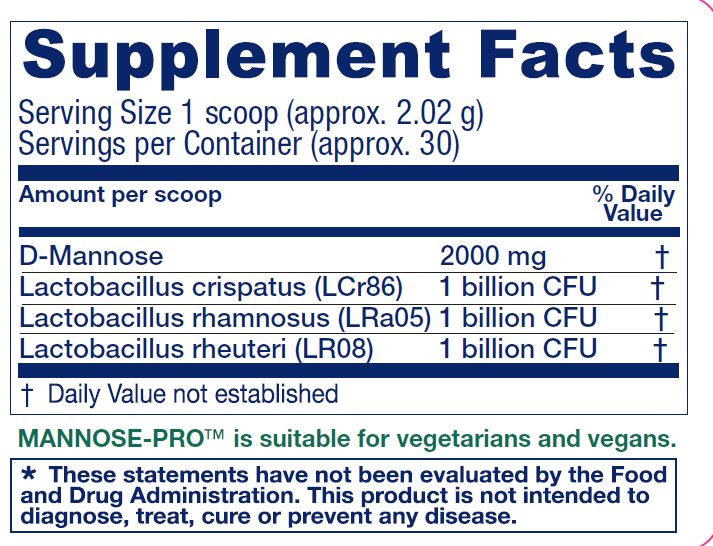 Mannose-Pro Urinary Tract Support 2 oz by Vitanica supplement facts label
