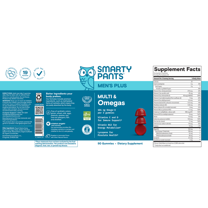 Men's Plus Multi & Omegas 90 Gummies by SmartyPants Vitamins information facts 
