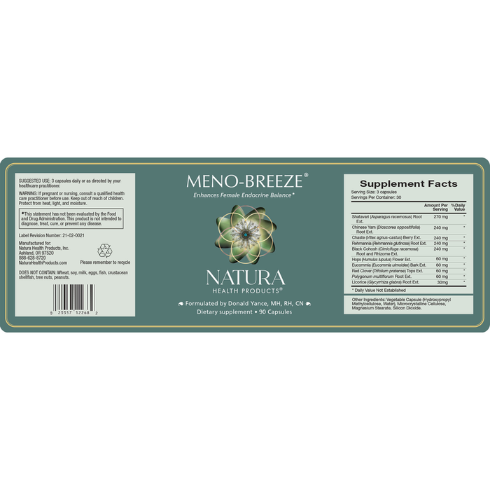 Meno-Breeze 90 Capsules by Natura Health Products Supplement Facts Label