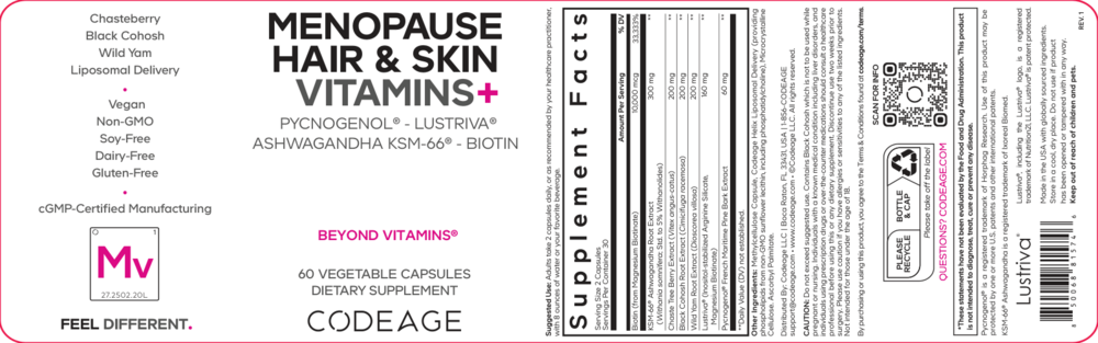 Menopause Hair & Skin Vitamins+ 60 Capsules by CodeAge information label
