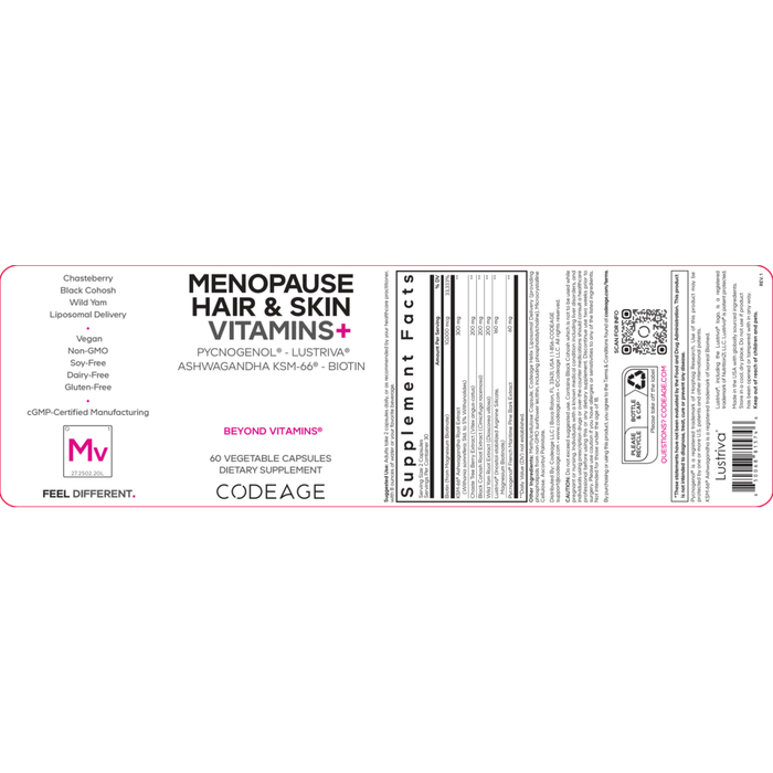 Menopause Hair & Skin Vitamins+ 60 Capsules by CodeAge information label

