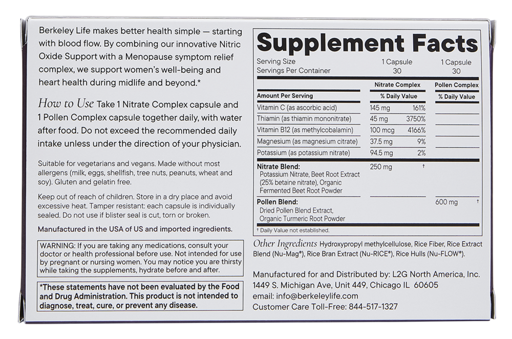 Menopause and Heart Health Support 60 Capsules by Berkeley Life Supplement Facts Label