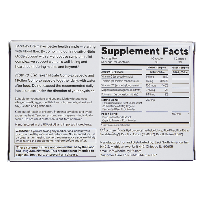 Menopause and Heart Health Support 60 Capsules by Berkeley Life Supplement Facts Label