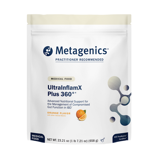 Metagenics UltrainflamX Plus 360 orange flavor supplement package on a white background