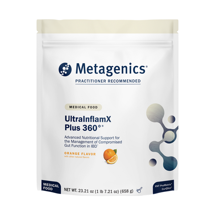 Metagenics UltrainflamX Plus 360 orange flavor supplement package on a white background