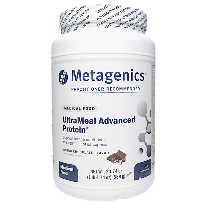 Metagenics UltraMeal Advanced Protein Dutch Chocolate flavor container on a white background