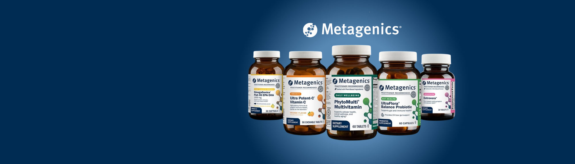 Metagenics supplement bottles on a blue background with Metagenics logo.