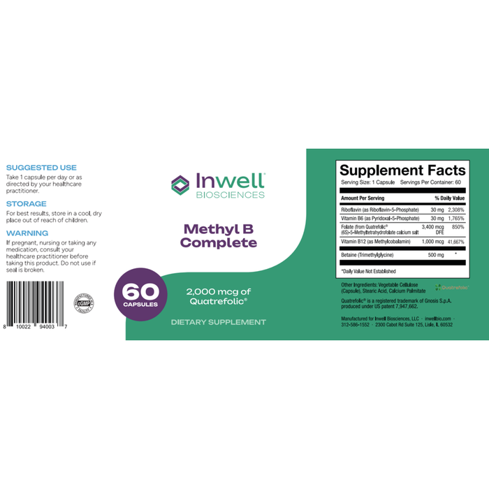 Methyl B Complete 60 Capsules by Inwell Biosciences information label