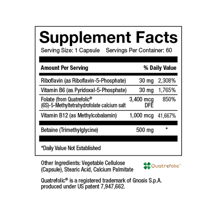 Methyl B Complete 60 Capsules by Inwell Biosciences supplement facts label