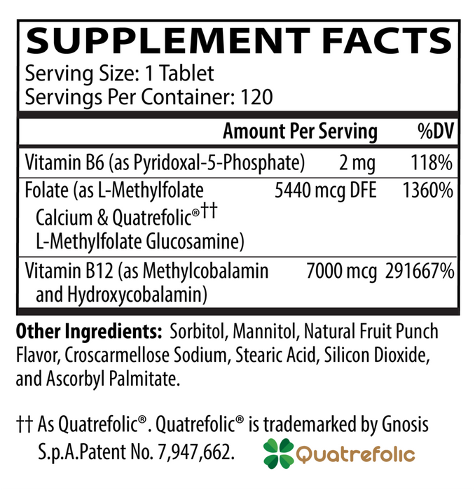 Methylation Complete 120 Tablets by Neurobiologix Supplement Facts Label