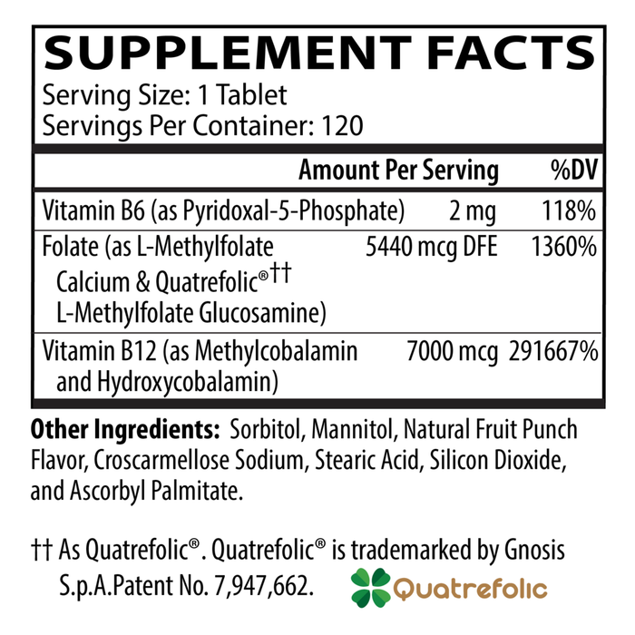 Methylation Complete 120 Tablets by Neurobiologix Supplement Facts Label