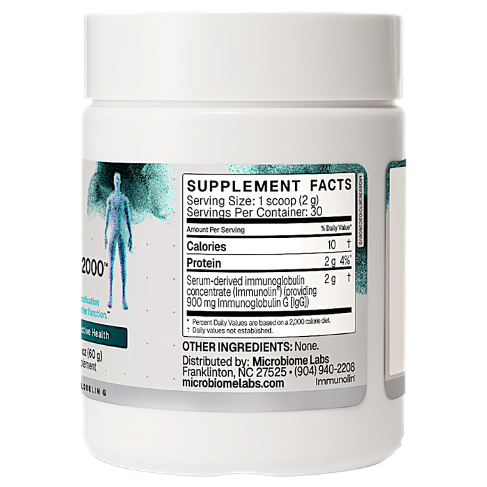 Microbiome Labs' Mega IgG2000 Powder 2.1 oz Supplement Facts