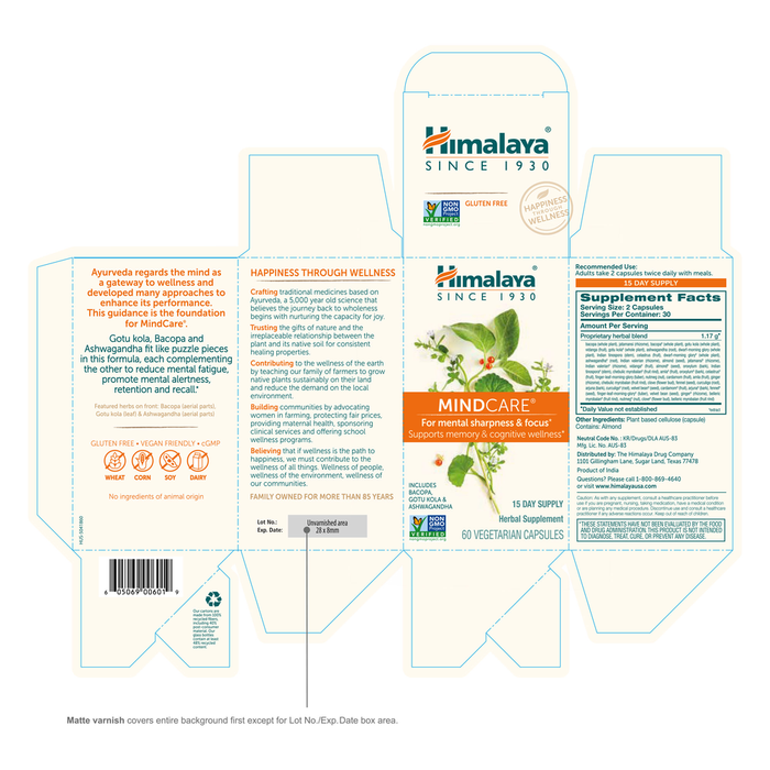 MindCare 60 Caplets by Himalaya Wellness information label

