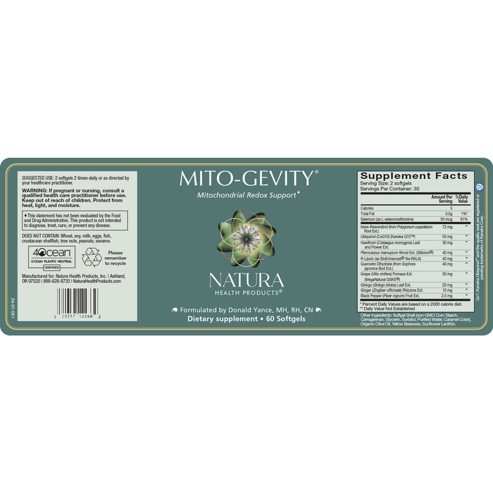 Mito-Gevity Mitochondrial Redox Support 60 Softgels by Natura Health Products Label