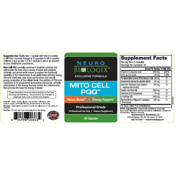 Mito Cell PQQ 60 Capsules by Neurobiologix Label