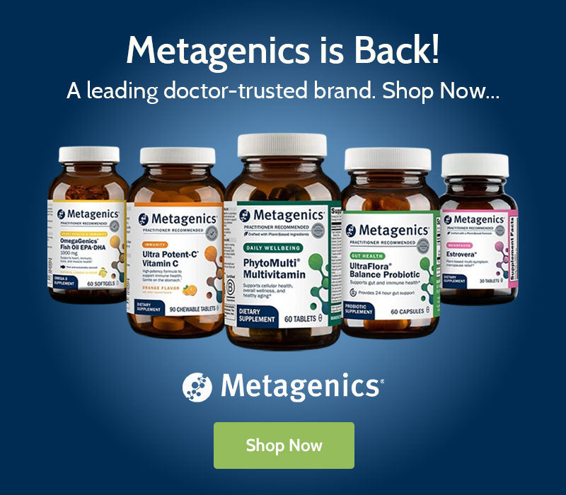 Metagenics supplement bottles on a blue background with promotional text.