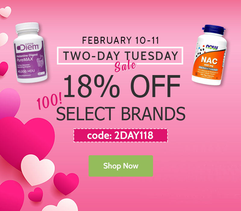 Promotional banner for a two-day sale with vitamins on a pink background with hearts.