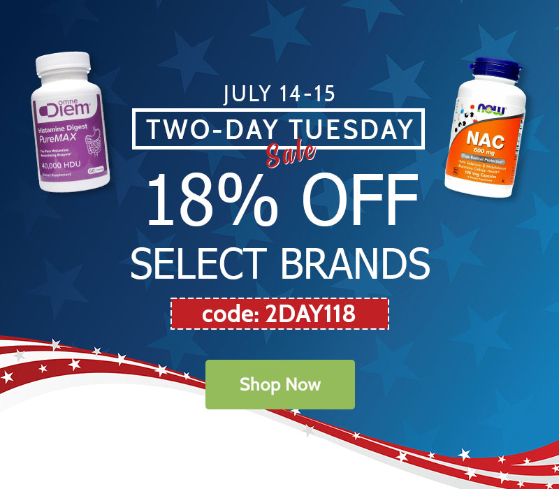 Promotional banner for a two-day Tuesday sale offering 18% off select brands, featuring Otem and Now NAC supplement bottles on a blue background with stars and red-and-white patriotic wave graphics. Text includes 'JULY 14-15', 'TWO-DAY TUESDAY Sale', '18% OFF', 'SELECT BRANDS', 'code: 2DAY18', and a green 'Shop Now' button.