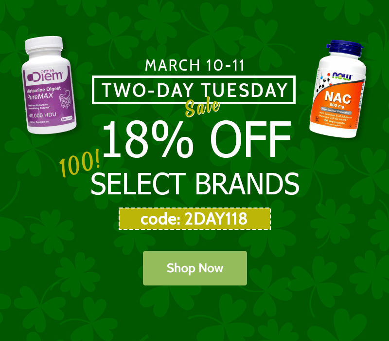 Promotional banner for a two-day sale on supplements with a green background and shamrock pattern.