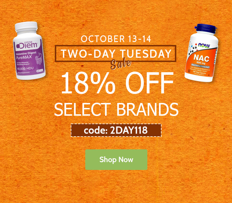 Promotional banner for a two-day sale on select brands, featuring Otem and Now NAC supplement bottles on an orange textured background with text reading 'October 13-14 Two-Day Tuesday Sale 18% Off Select Brands' and a green 'Shop Now' button.