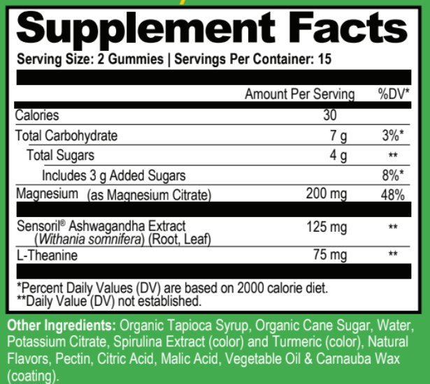 Mood Magnesium Gummies with Ashwagandha & L-Theanine, Green Apple 30 Gummies by Natural Stacks supplement facts label 