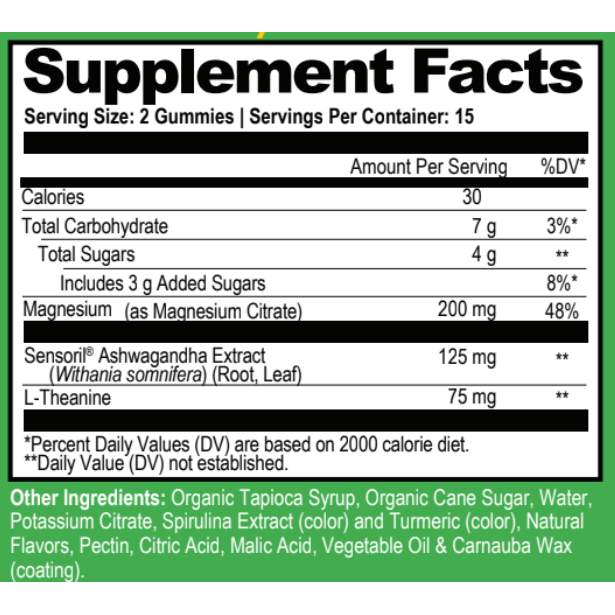 Mood Magnesium Gummies with Ashwagandha & L-Theanine, Green Apple 30 Gummies by Natural Stacks supplement facts label 
