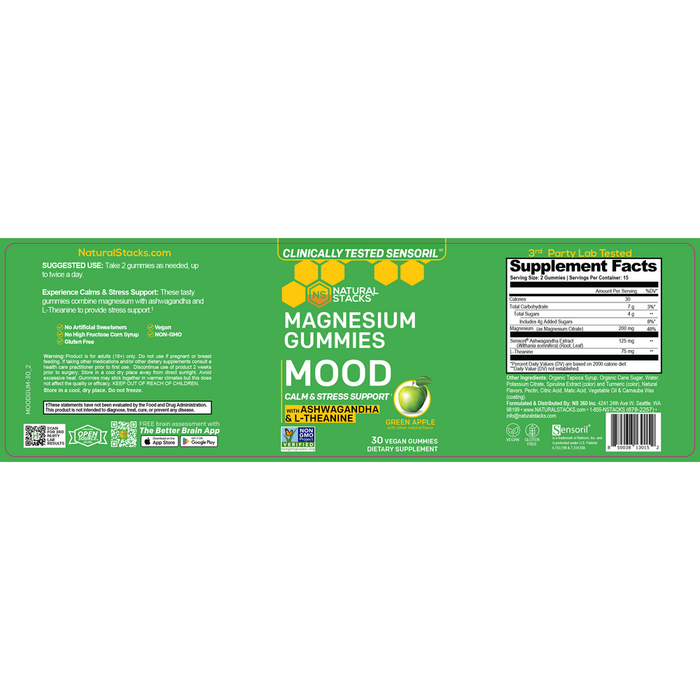 Mood Magnesium Gummies with Ashwagandha & L-Theanine, Green Apple 30 Gummies by Natural Stacks supplement facts label and recommendations label