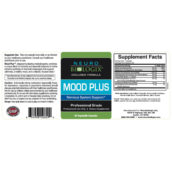 Mood Plus 60 Capsules by Neurobiologix Supplement Facts Label