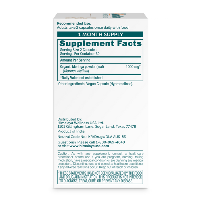 Moringa 60 Capsules by Himalaya Wellness information label supplement facts label

