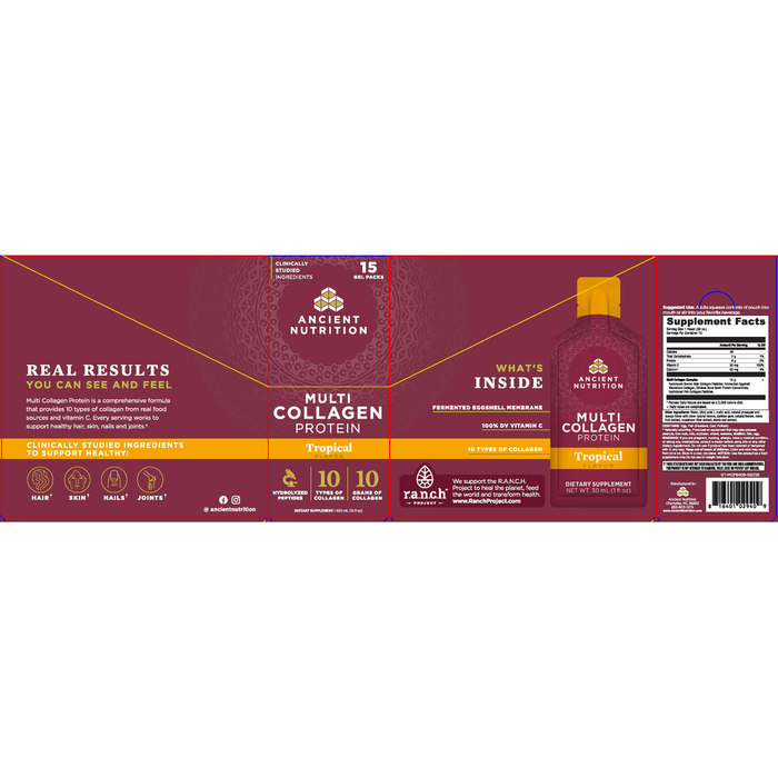 Multi Collagen Protein Gel Packs, Tropical 15 Packs by Ancient Nutrition information label