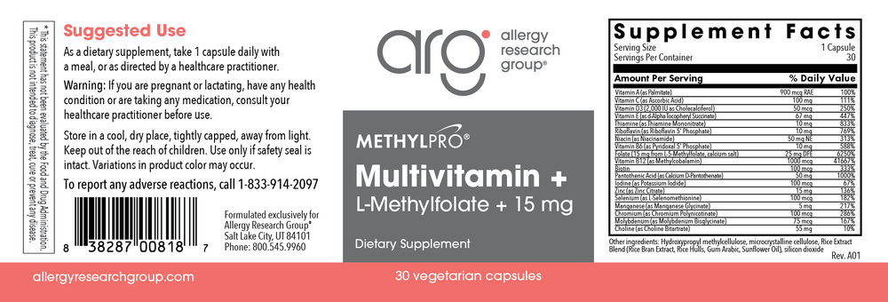 Multivitamin + 15 mg L-Methylfolate 30 Capsules by MethylPro Supplement Facts Label