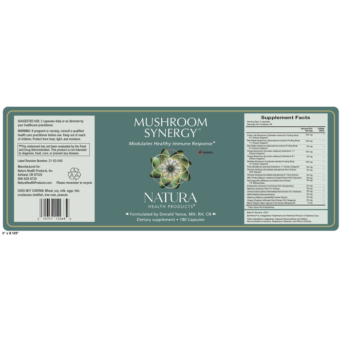 Mushroom Synergy 180 Capsules by Natura Health Products
 Label