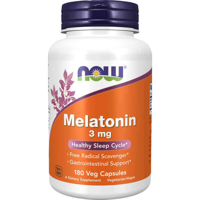 Melatonin supplement bottle with Now brand on a white background